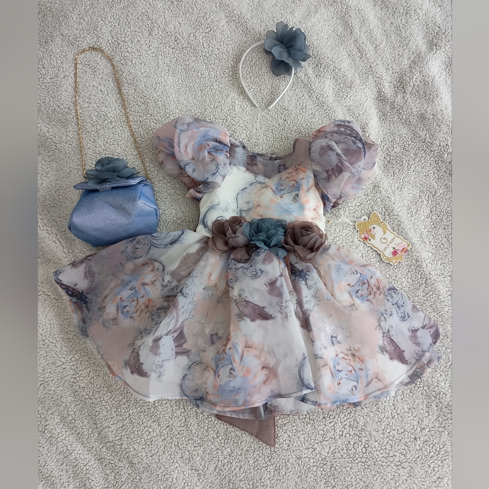 Toddler Girls Floral Pastel Dress with Matching Accessories
